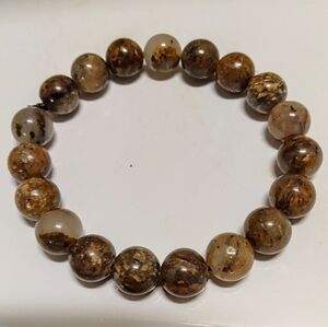Unisex 7" Natural Mars Pattern Gold Leaf Jasper Stone Beaded Stretch Bracelet